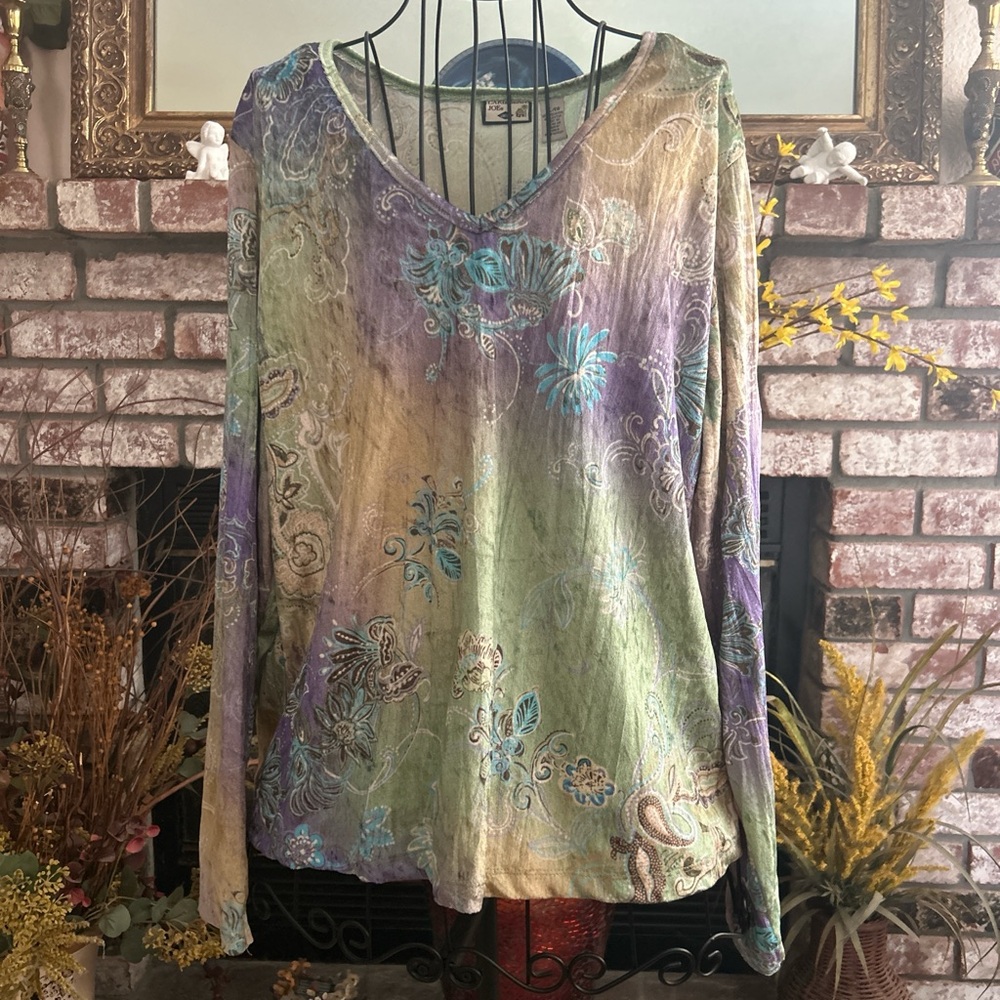 Caribbean Joe Soft And Comfy Green & Purple Floral Print Long Sleeve Top